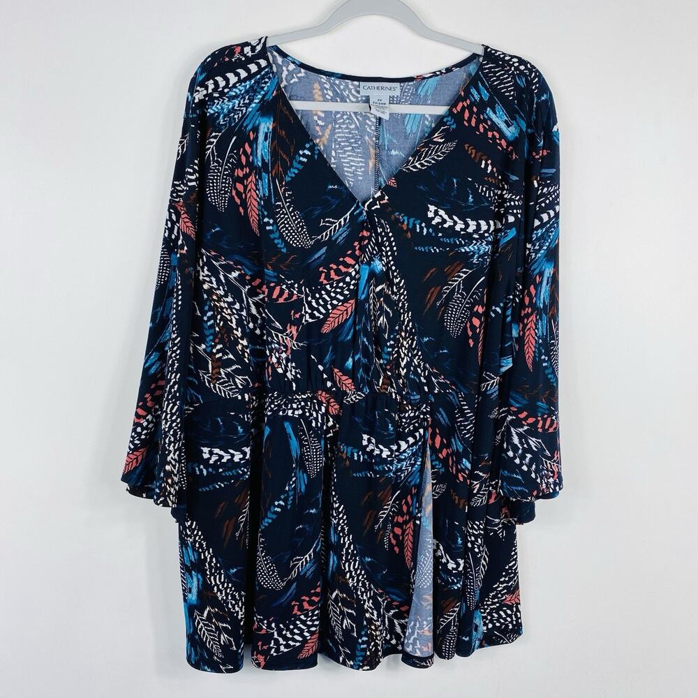 Catherines Top 2X 22 24 Printed Wide Sleeve Blouse Navy Blue